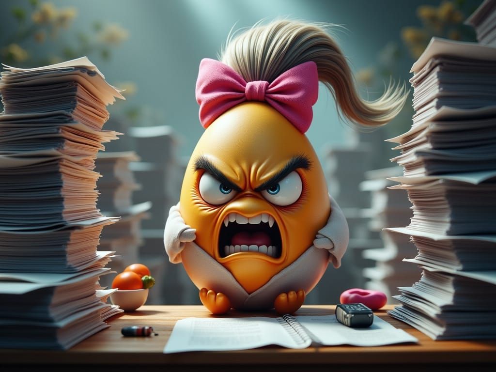 Angry Egg Researcher Amidst Paperwork