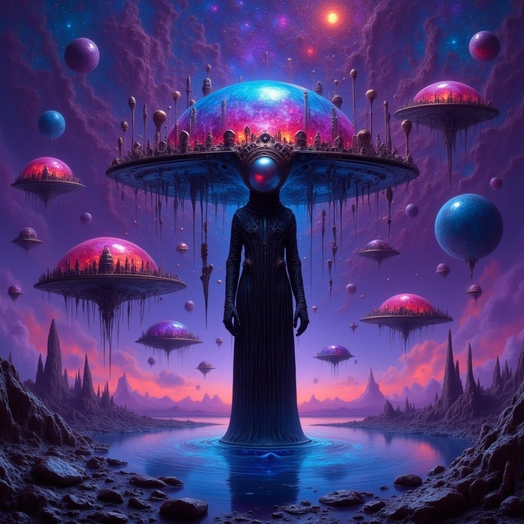 Cosmic Horror Figure in Surreal Alien Landscape