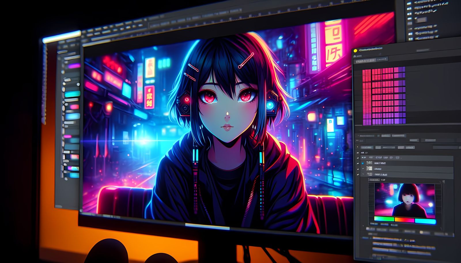 Cyberpunk Girl with Red Eyes in Anime Style
