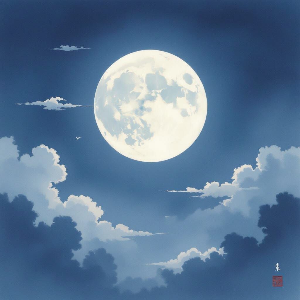 Full Moon in Indigo Sky: Traditional Chinese Painting