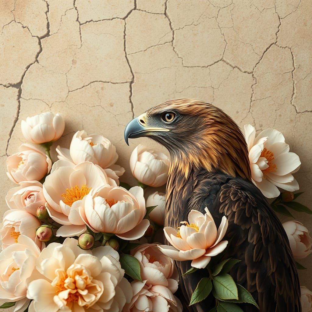Eagle Among Peonies on Distressed Stone in Vintage Style