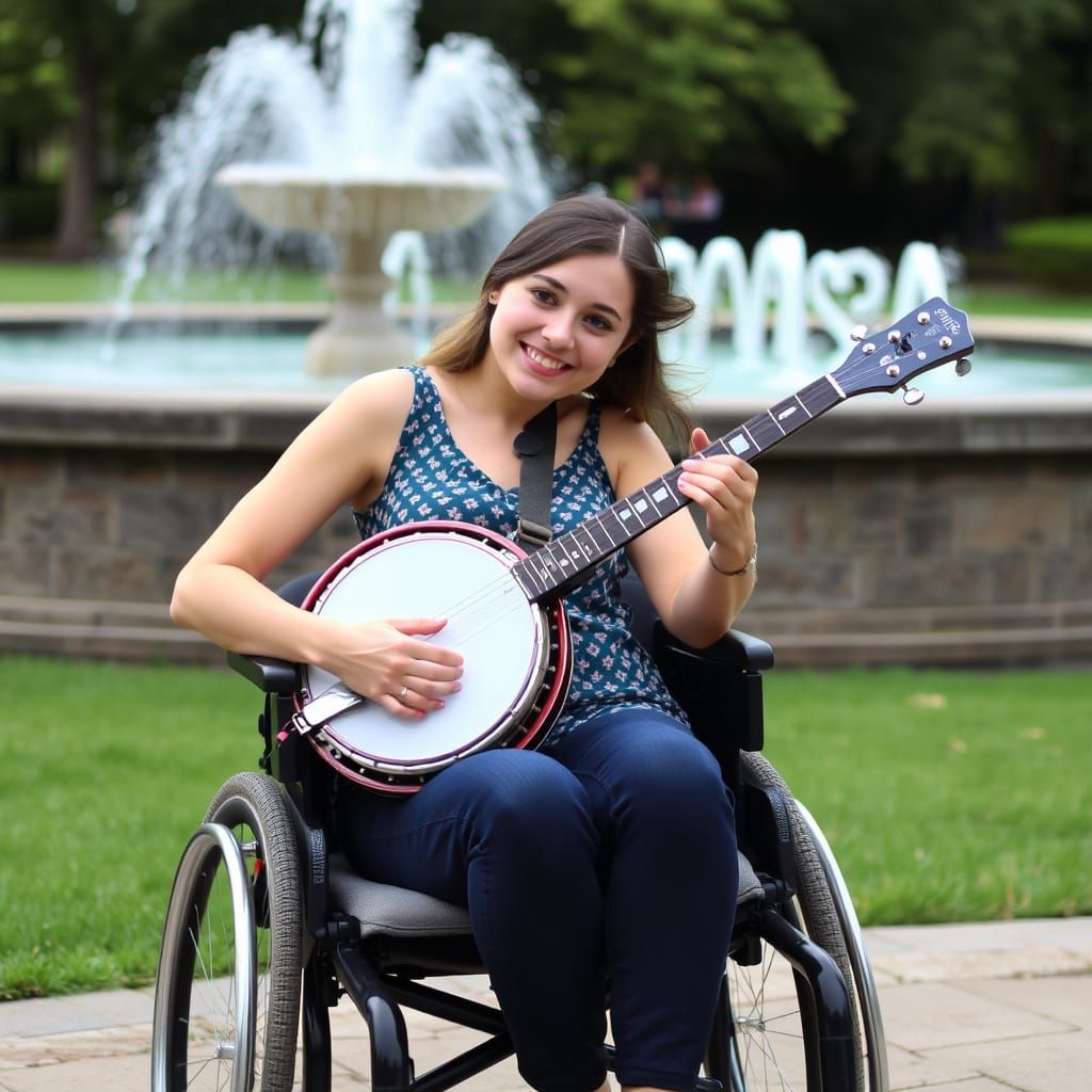 Young Woman Plays Banjo in Park