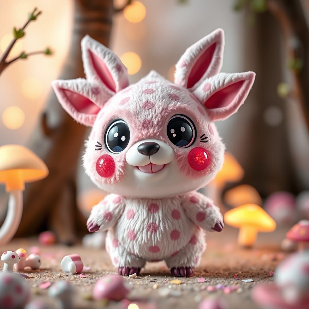 A cute designer toy creature inspired by Labubu from POP MAR...