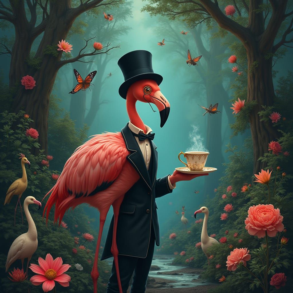 Flamingo in Elegant Tuxedo, Sipping Tea in Whimsical Faerie ...