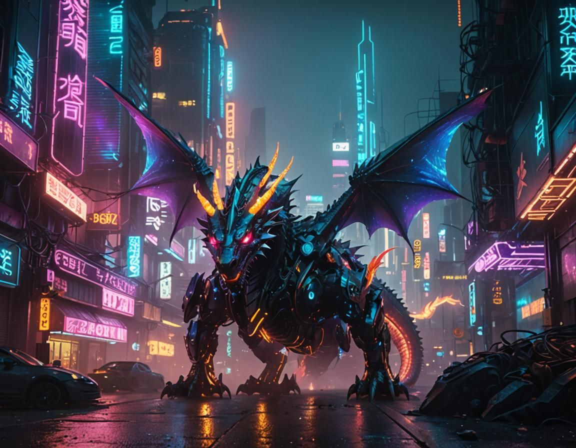 Cyberpunk Dragon in a Neon Cityscape