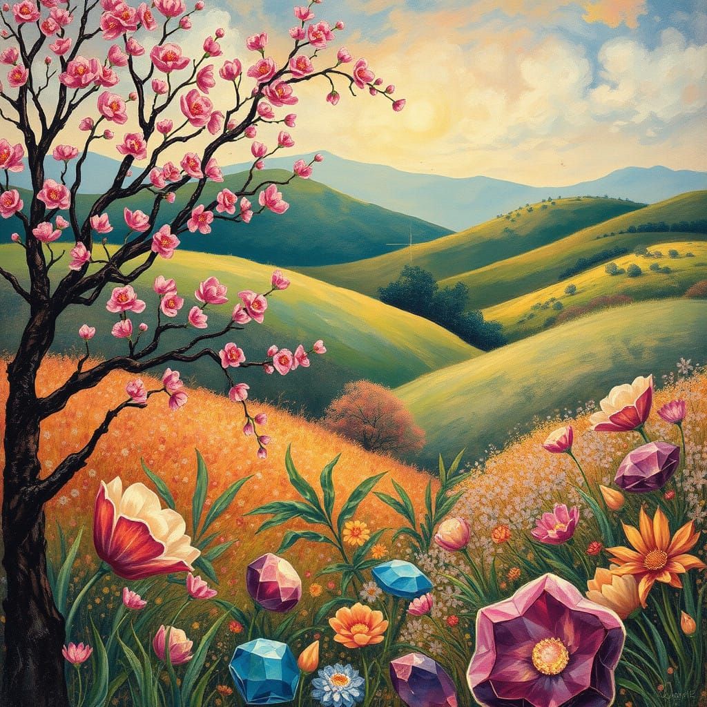 Whimsical Bhil Art Scene with Gemstone and Spring Landscape...