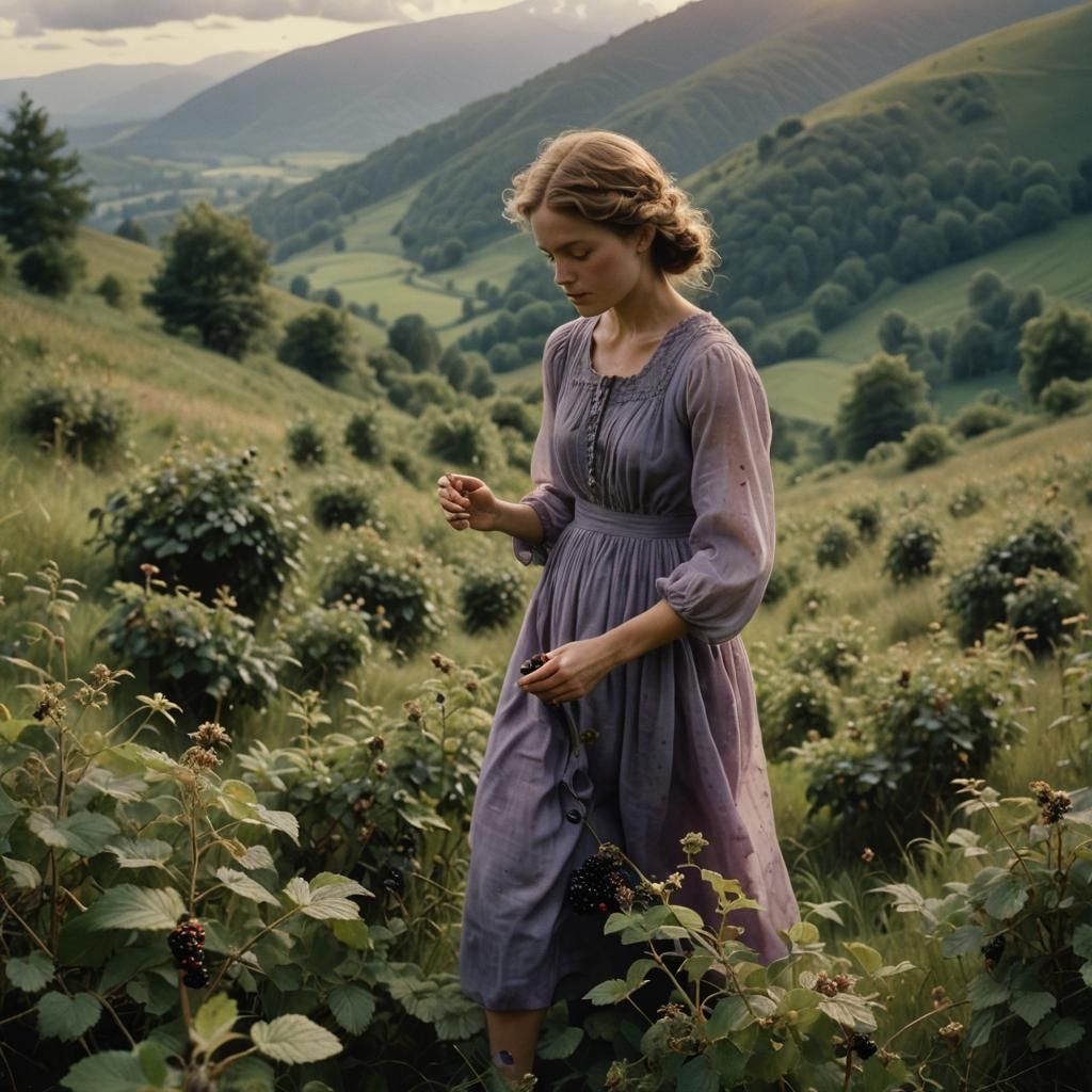 Woman Picking Blackberries in Atmospheric Film Still