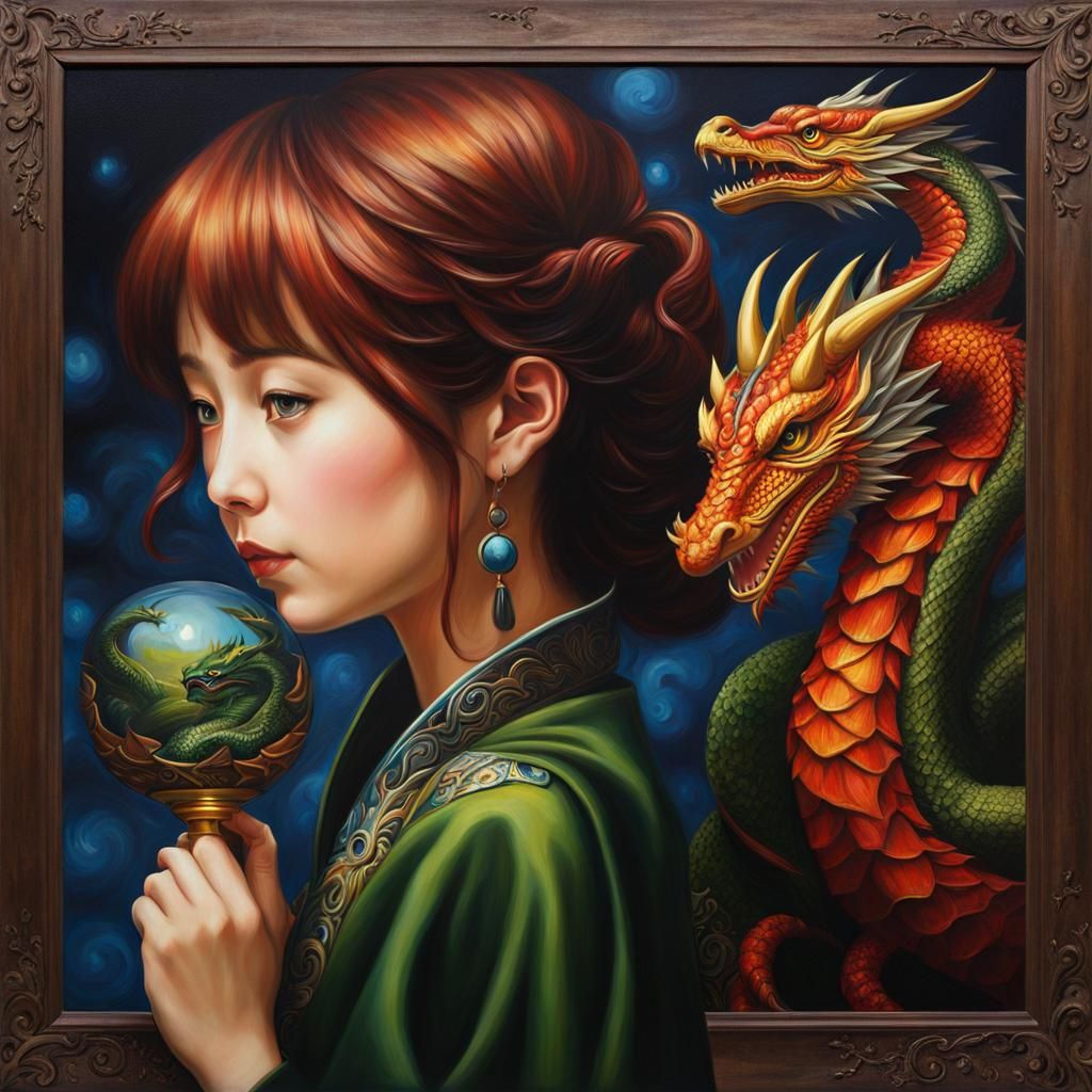 Woman and Chibi Dragon in Oil Painting Style