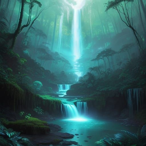 Lush Alien Jungle Oasis with Glowing Trees and Waterfall