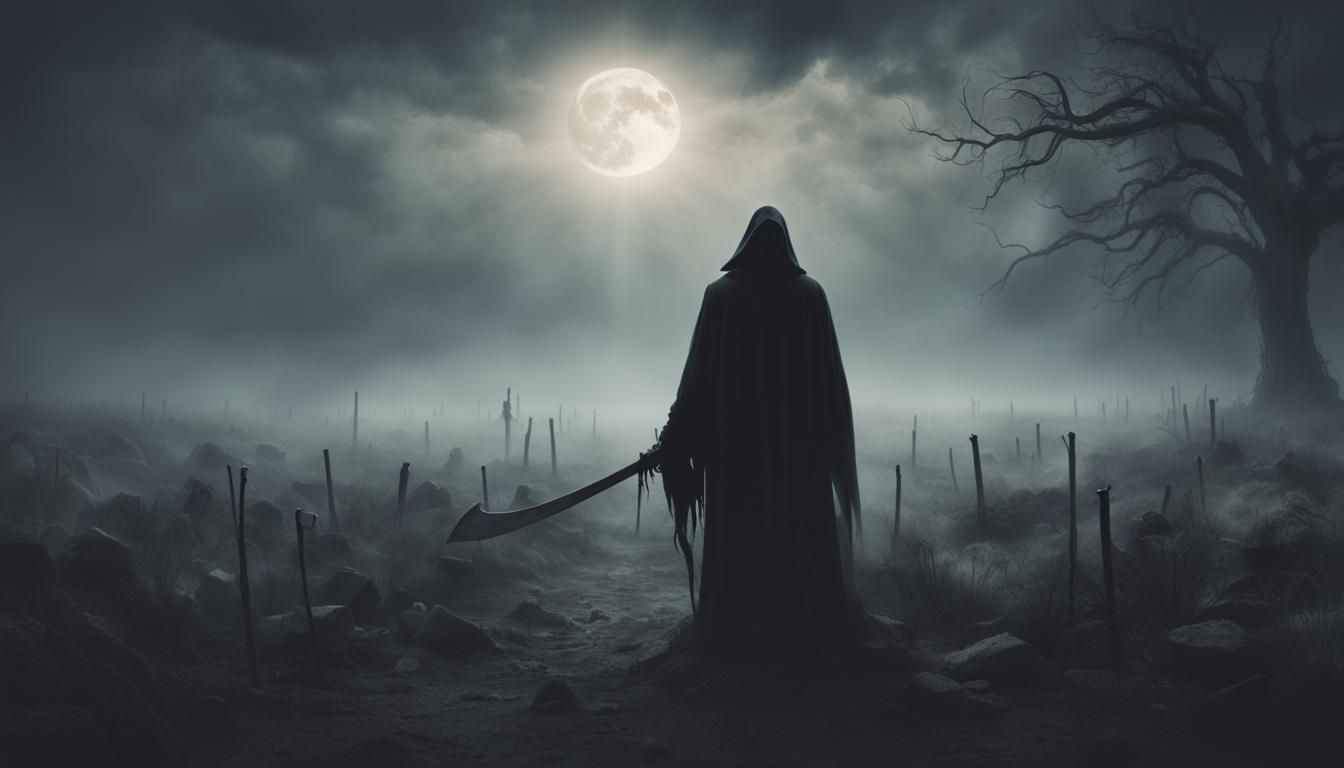 Grim Reaper Harvesting Souls in Misty Landscape