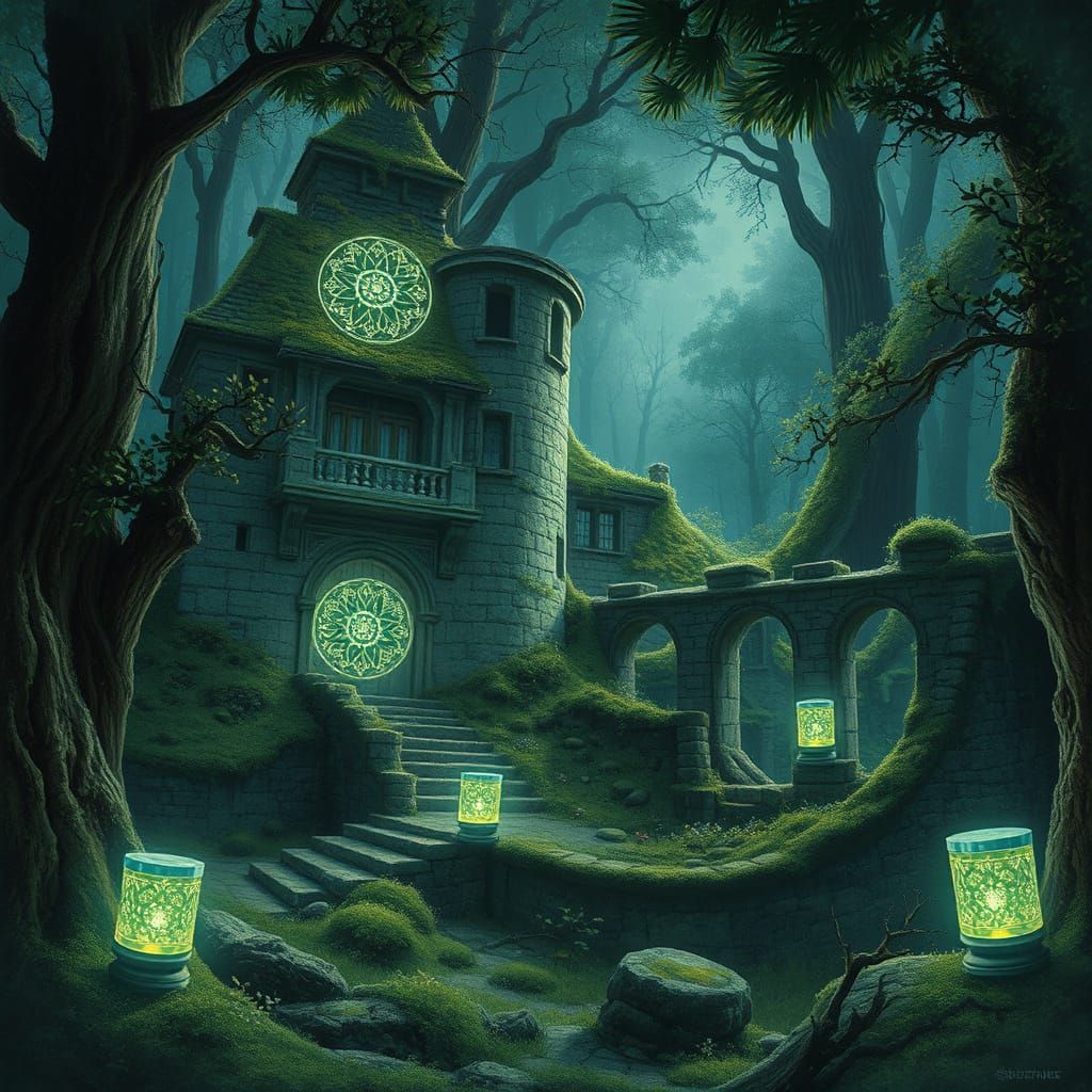Holographic Lanterns Illuminate Overgrown Stone Ruins
