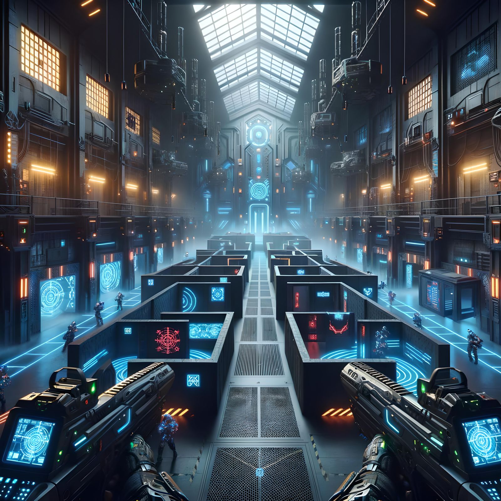 Cyberpunk Laser Tag Arena in Futuristic Warehouse