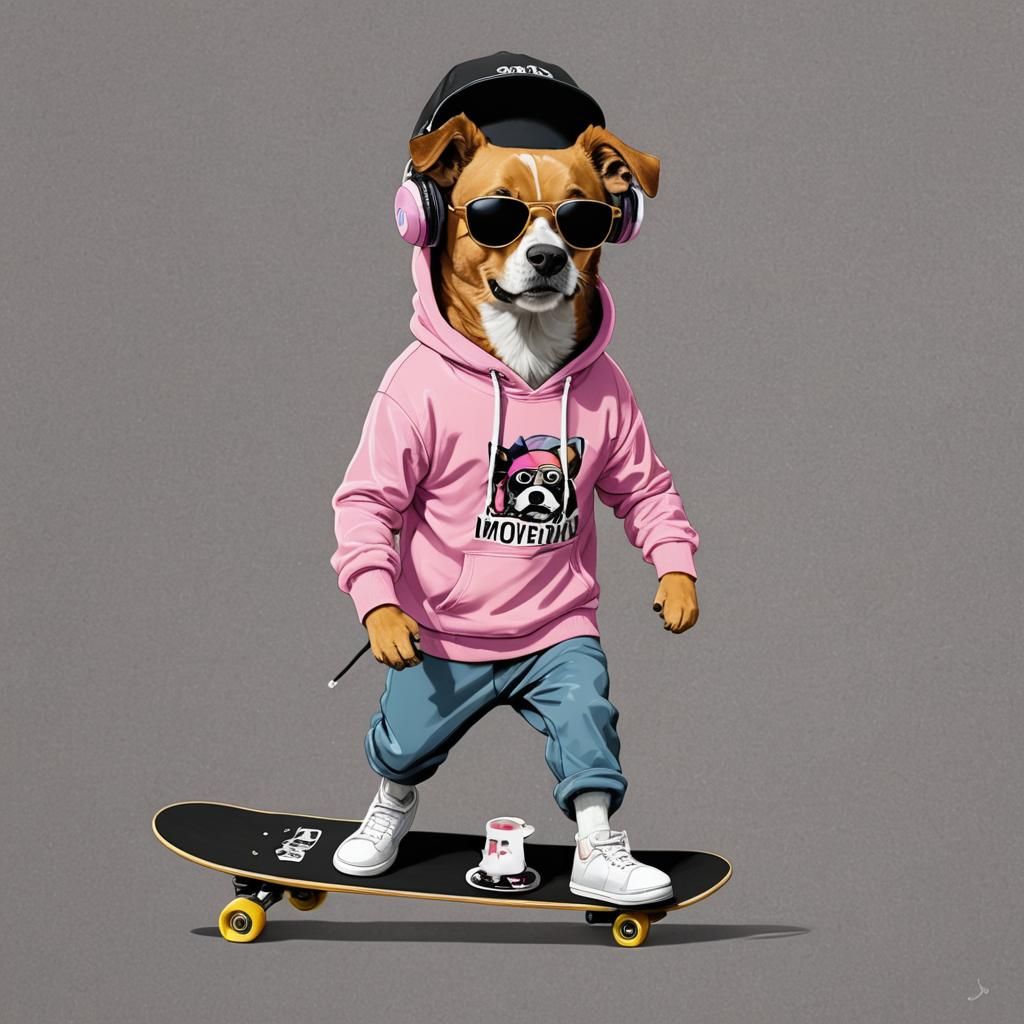 Dog Rides Skateboard in Pink Hoodie