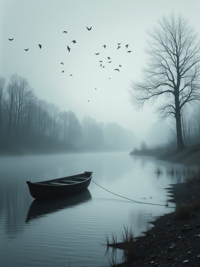 Misty Riverside Dawn in Monochromatic Style