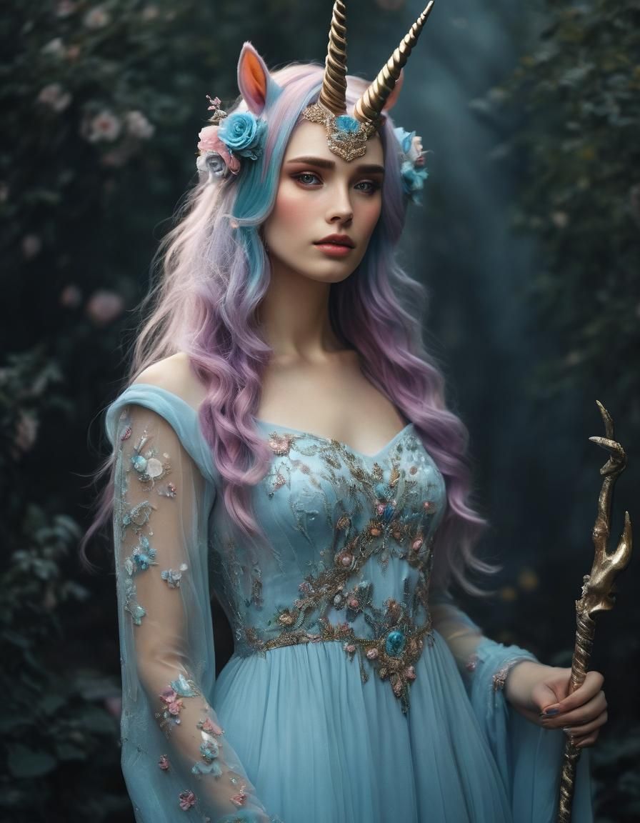 Aesthetically Pleasing Unicorn Girl in Long Dress