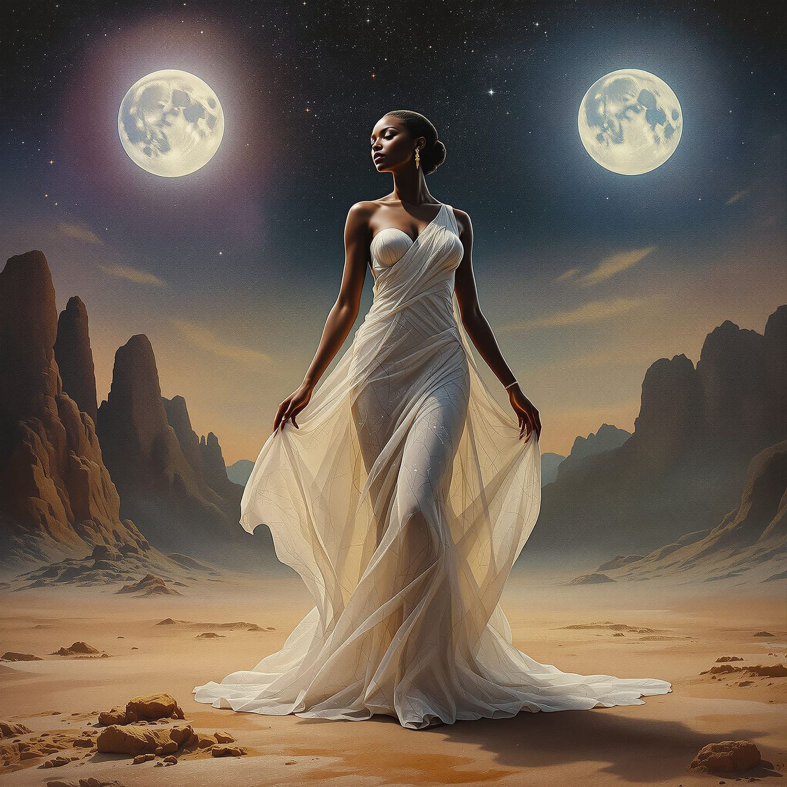 African Goddess on Alien Planet in Oil Painting Style
