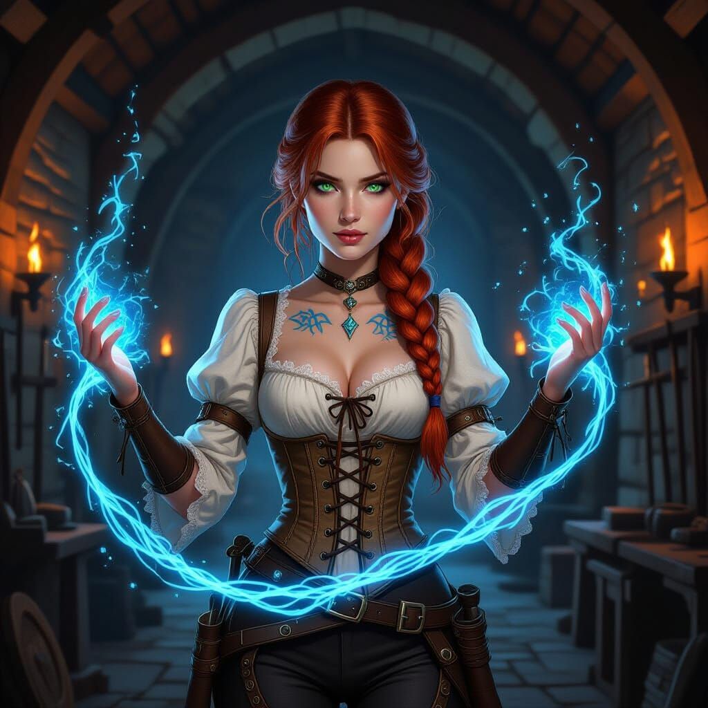 Fantasy Heroine with Runic Tattoos in Castle Armory