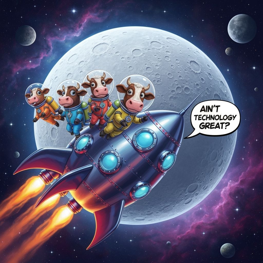 Cows in Spacesuits on Moon Rocket
