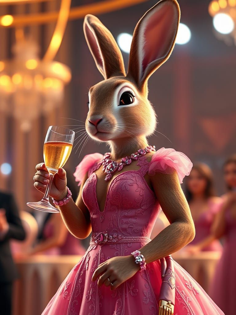 Elegant Bunny Sips Champagne at Futuristic Gala