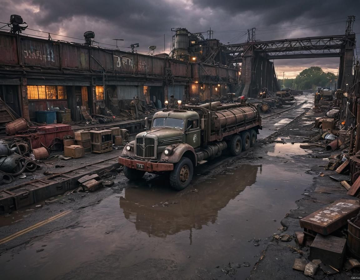 Dieselpunk Tank Transporter Truck on Industrial Bridge