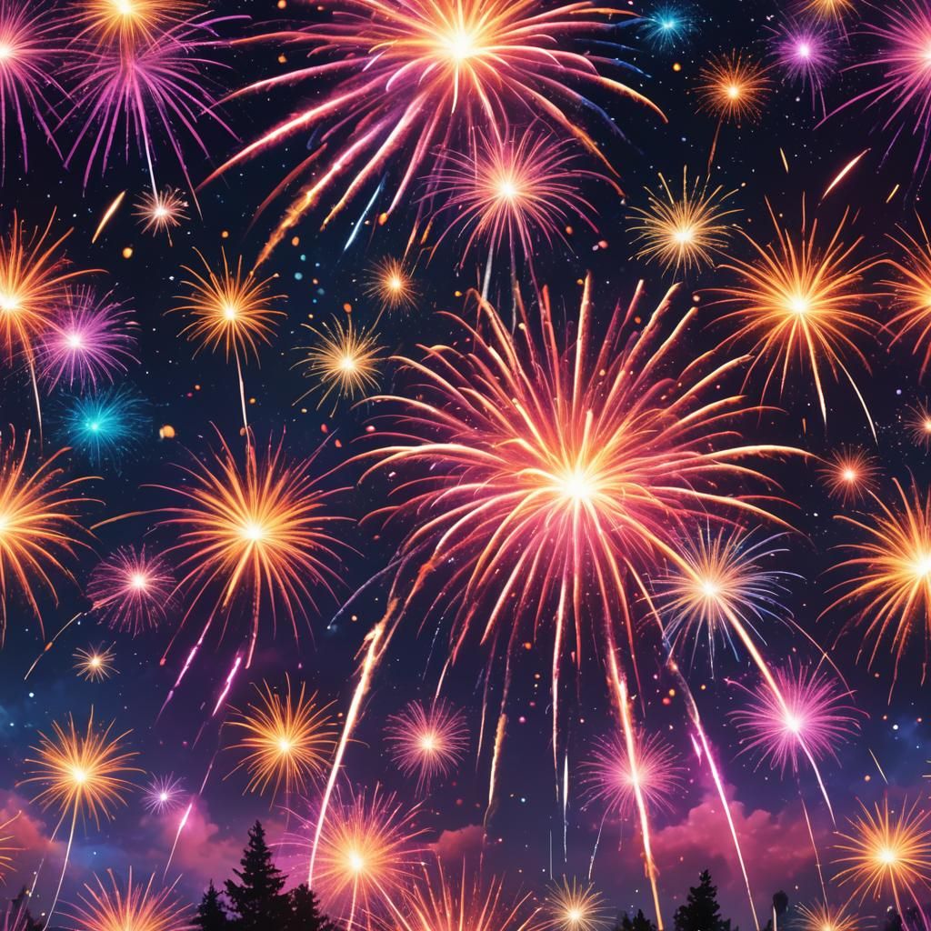 Colorful Fireworks Exploding in Starry Night Sky