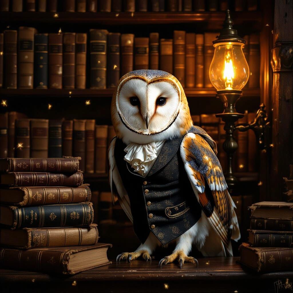 A majestic barn owl, adorned in a finely tailored Victorian ...