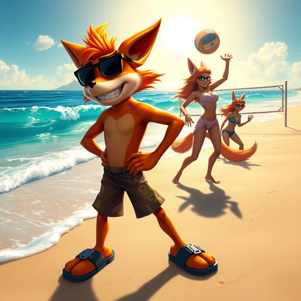 Crash Bandicoot and Fox Girls on Astral Beach