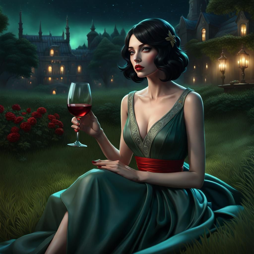 Young Woman Drinking Wine at Night as Matte Painting