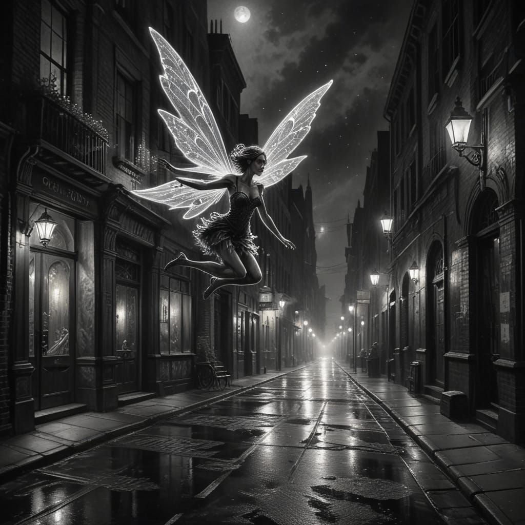 Ethereal Fairy in Moody Cityscape Charcoal Illustration