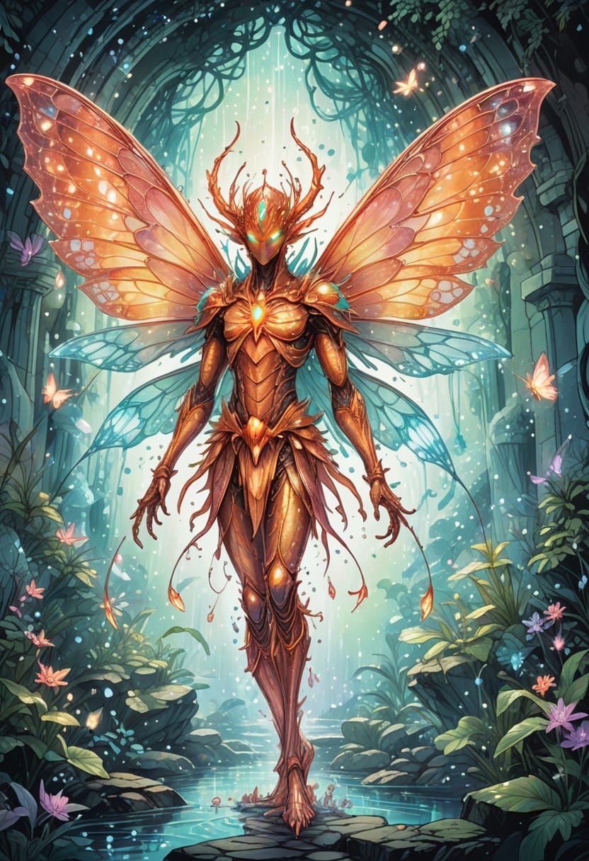 Insectoid Fairy King Dances in Crystalline Grotto: Manga Art
