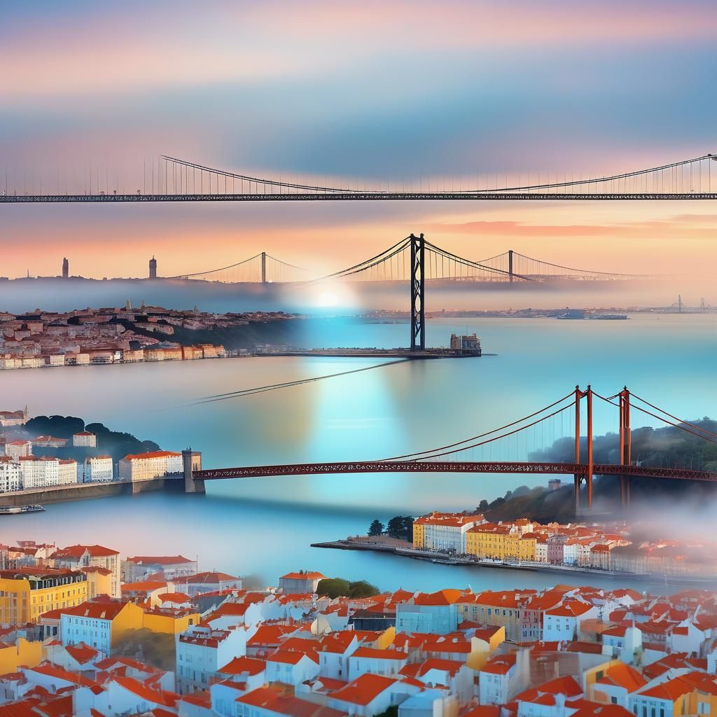 Lisbon Sunset Panorama in Impressionistic Style