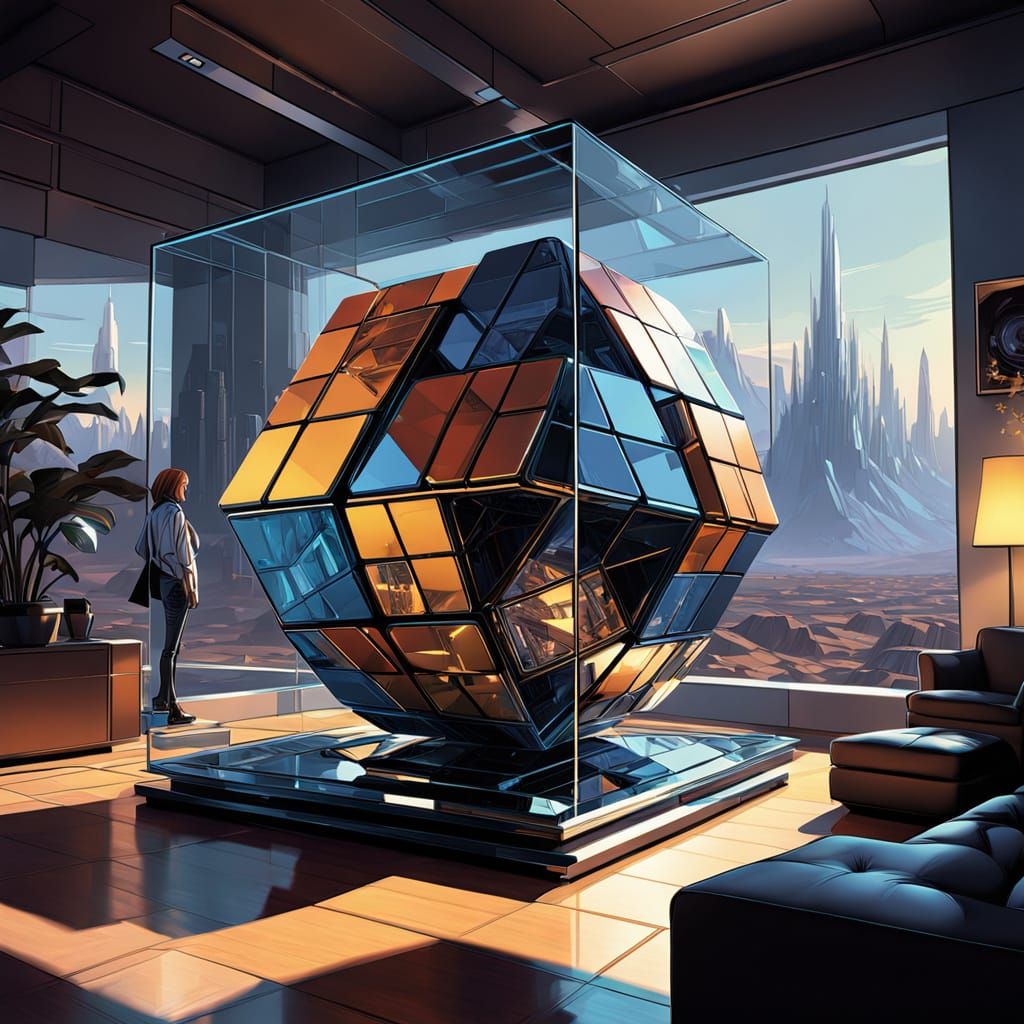 Surreal 3D Rendering of a Giant Rubik's Cube in a Futuristic...