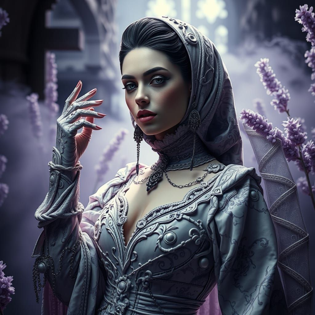 Hyperreal Gothic Goddess in Lavender Mist