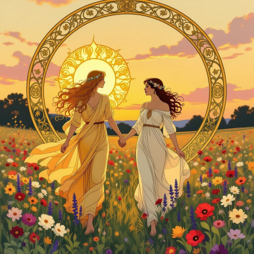 Art Nouveau Figures in Sunlit Flower Fields