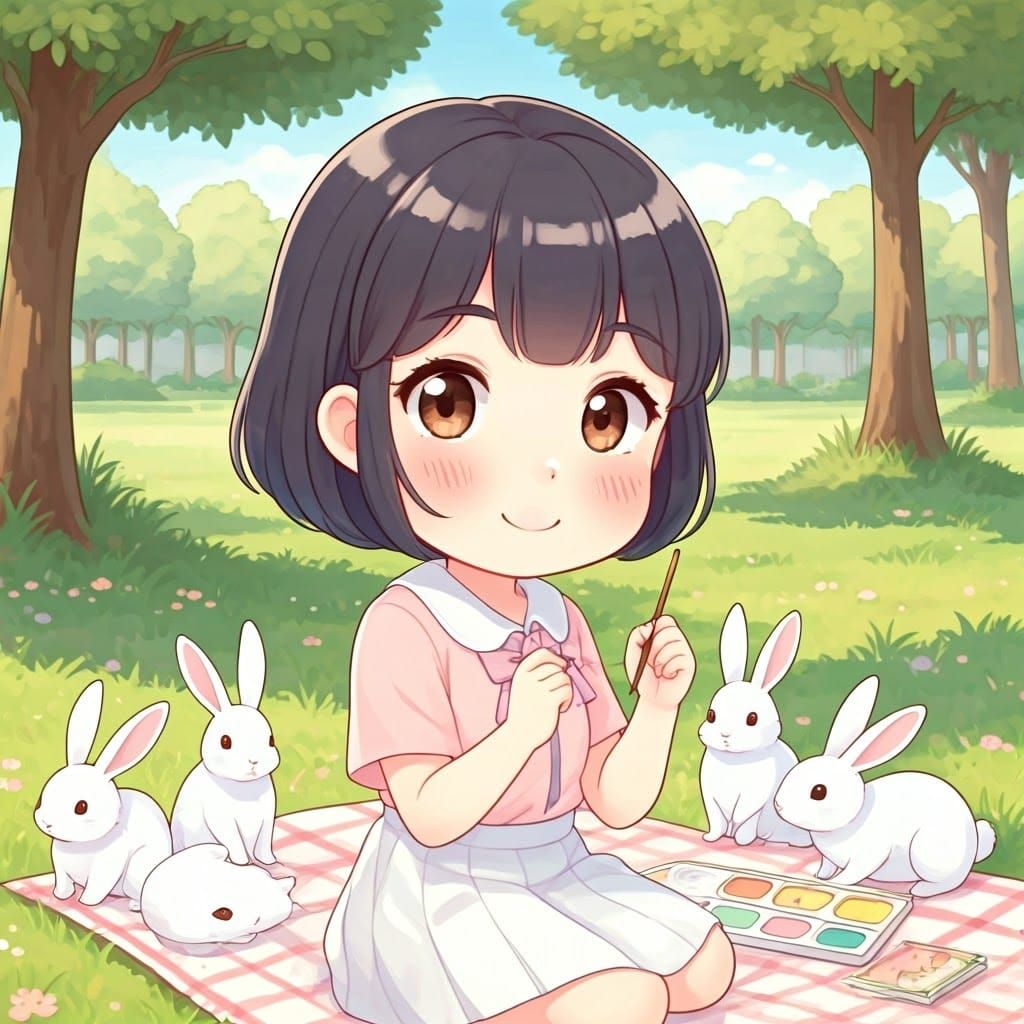 Thai Woman's Kawaii Self-Portrait with Rabbits