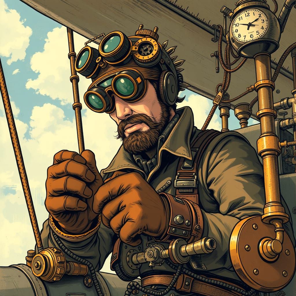 Steampunk Mechanic on Vintage Blimp