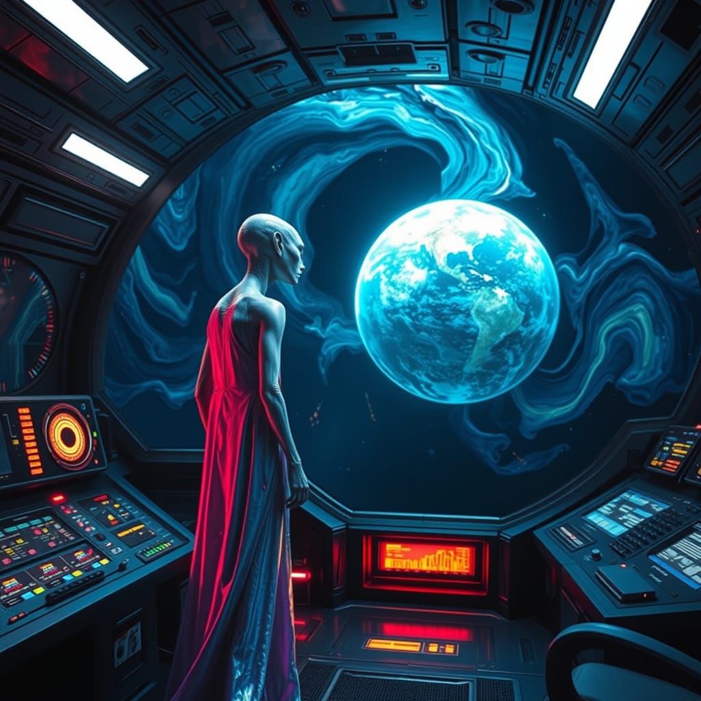 Ethereal Alien Contemplates Earth from Futuristic Spaceship