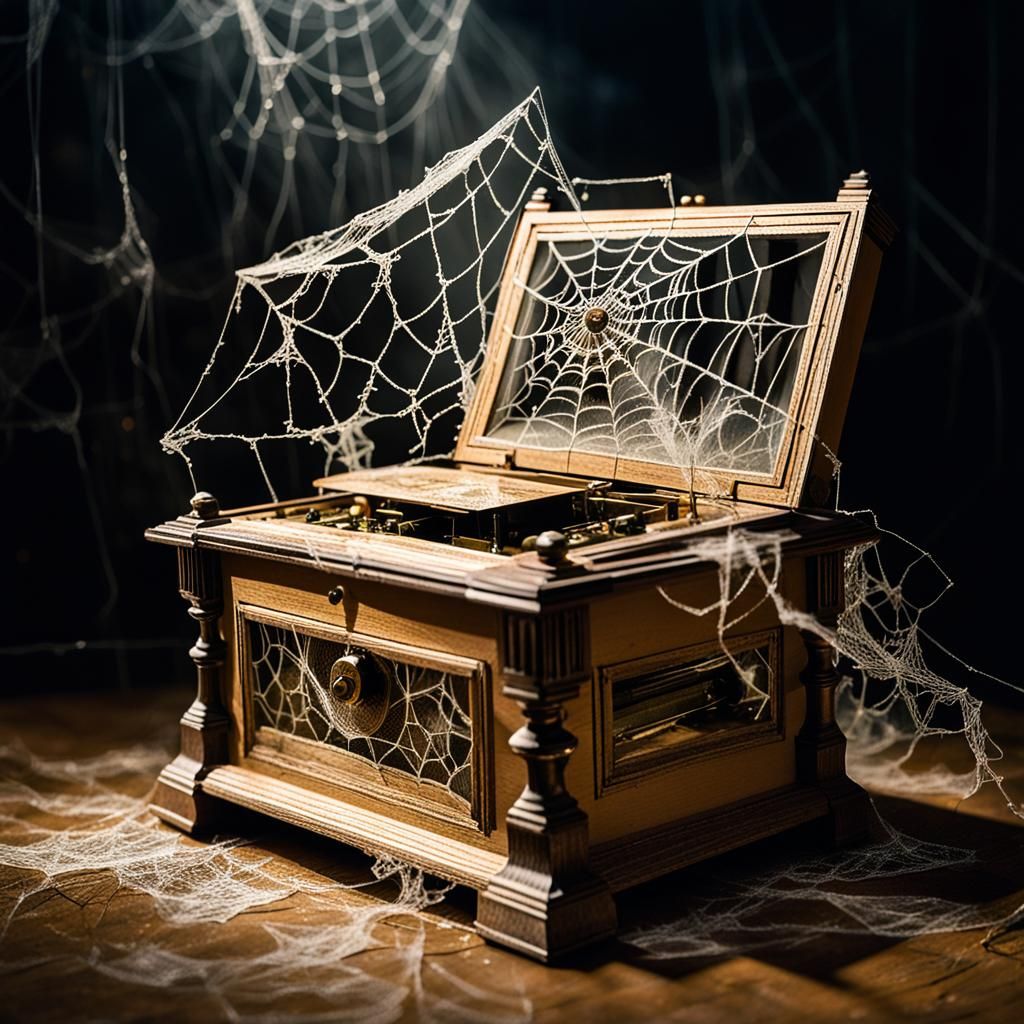 An abandoned music box playing by itself, surrounded by cobwebs and dim lighting.
