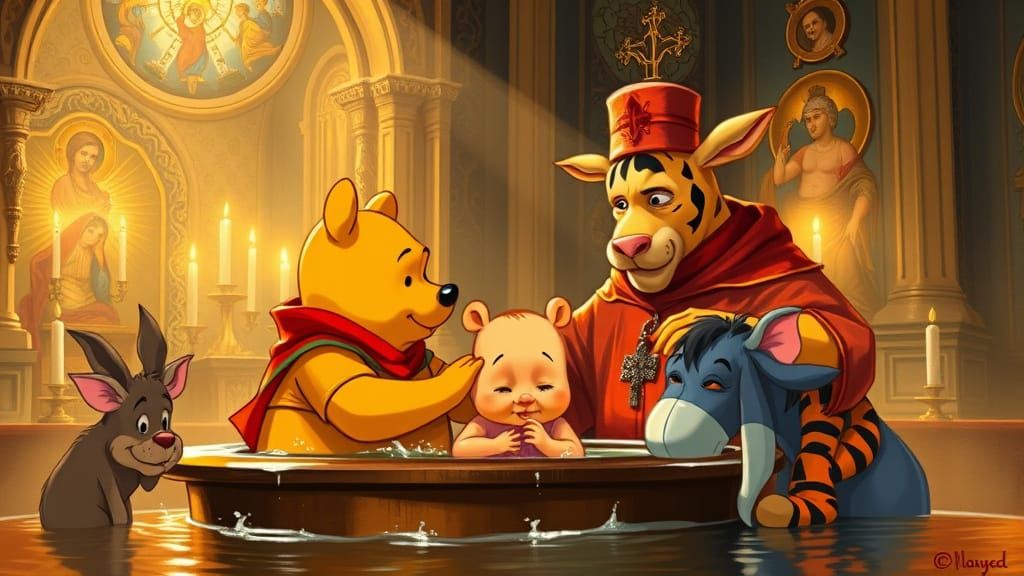 Winnie the Pooh's Orthodox Baptism in a Golden Church