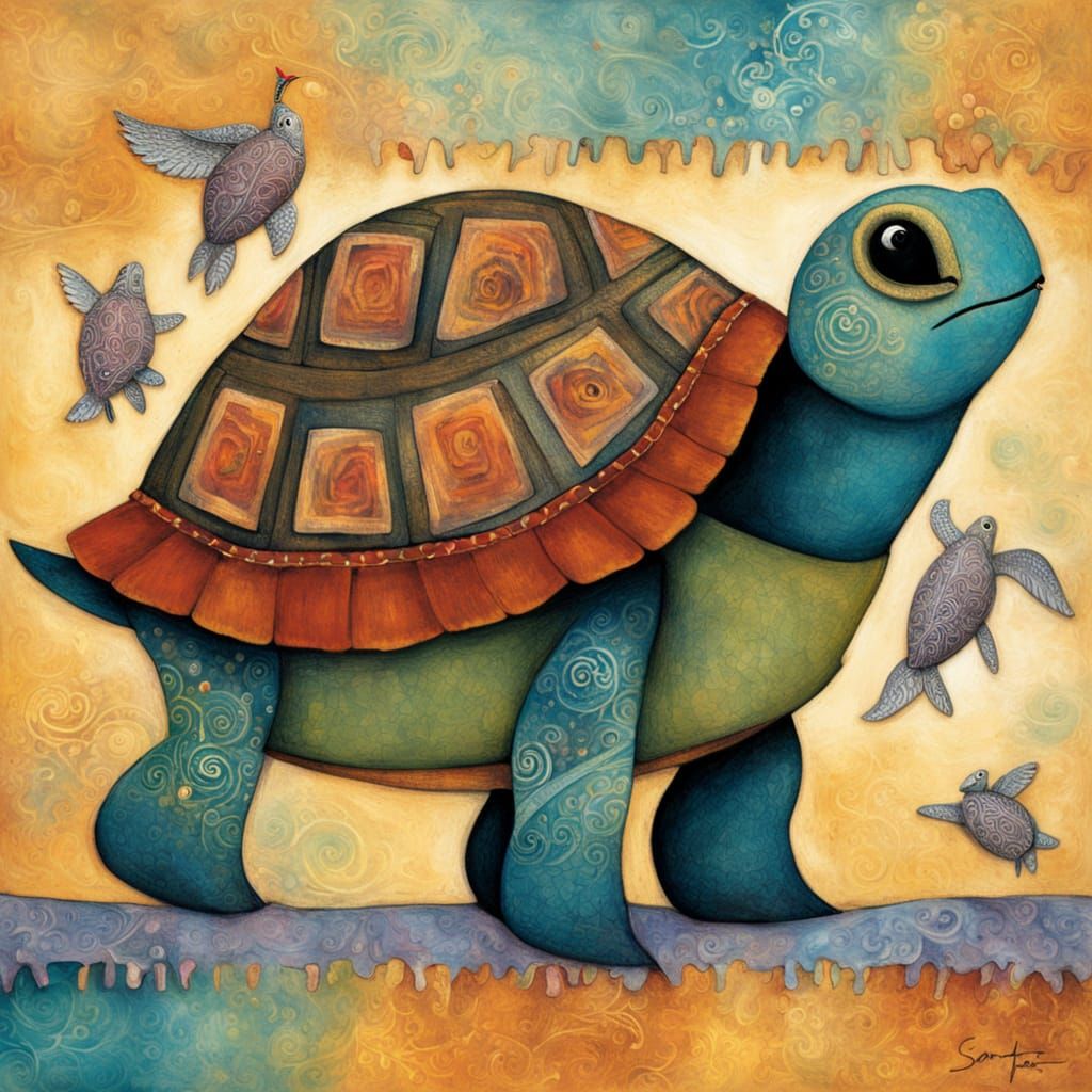 Singing Turtle in Whimsical Alebrije Style