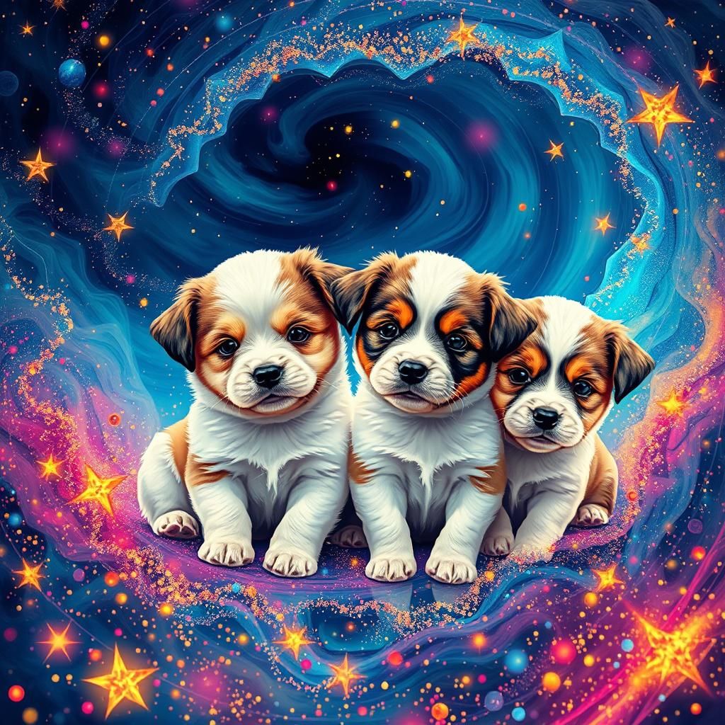 Puppies in Glittering Cosmic Dreamscape