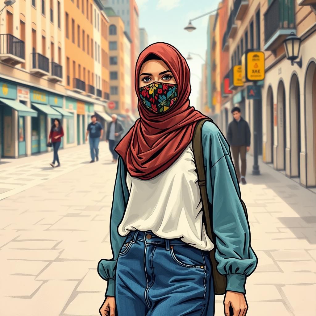 Hijab-Clad Woman in City, Comic Book Style