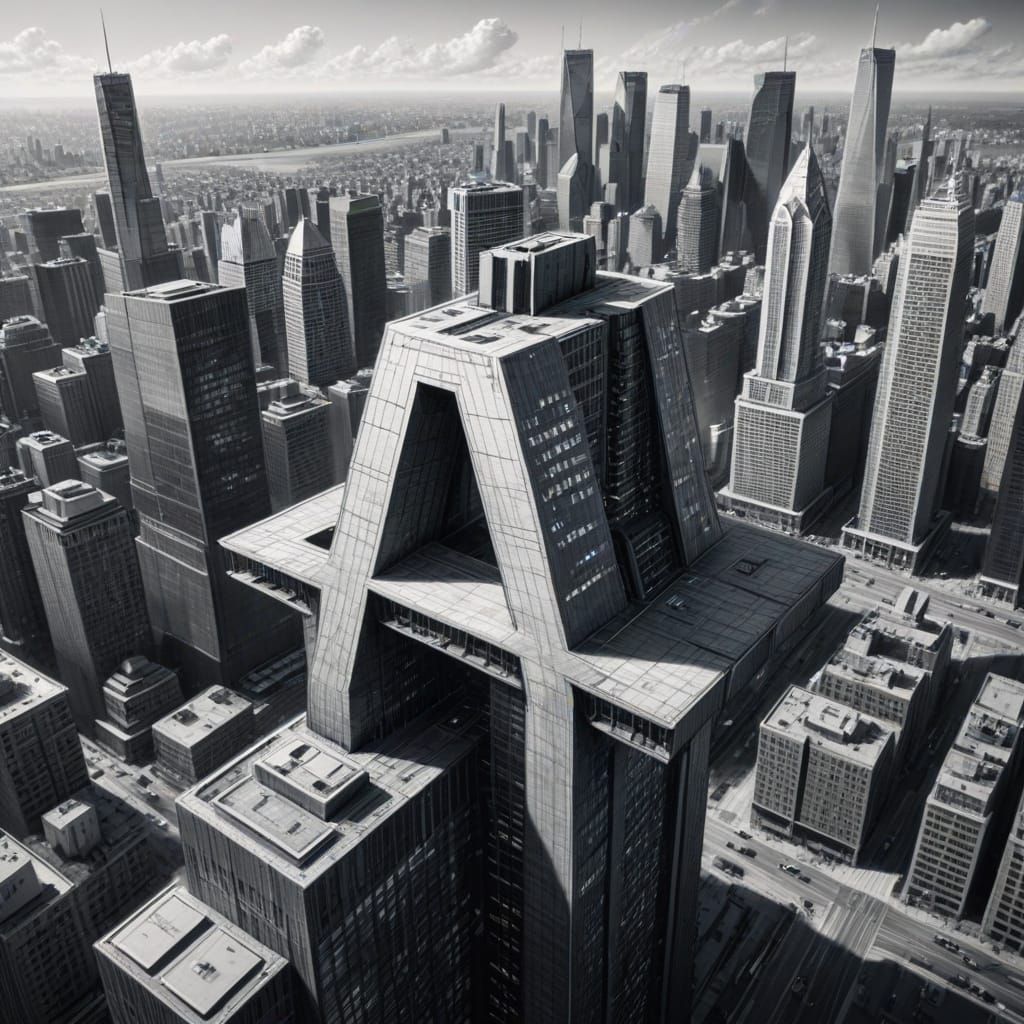 City Skyscraper with Letter A in Graphite Sketch