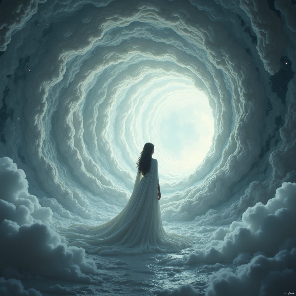 Cosmic Portal: Mysterious Figure in Dreamlike Vortex
