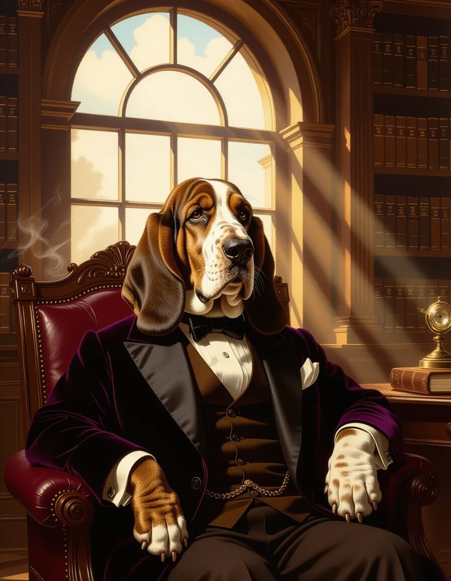 Regal Basset Hound in Velvet Smoking Jacket