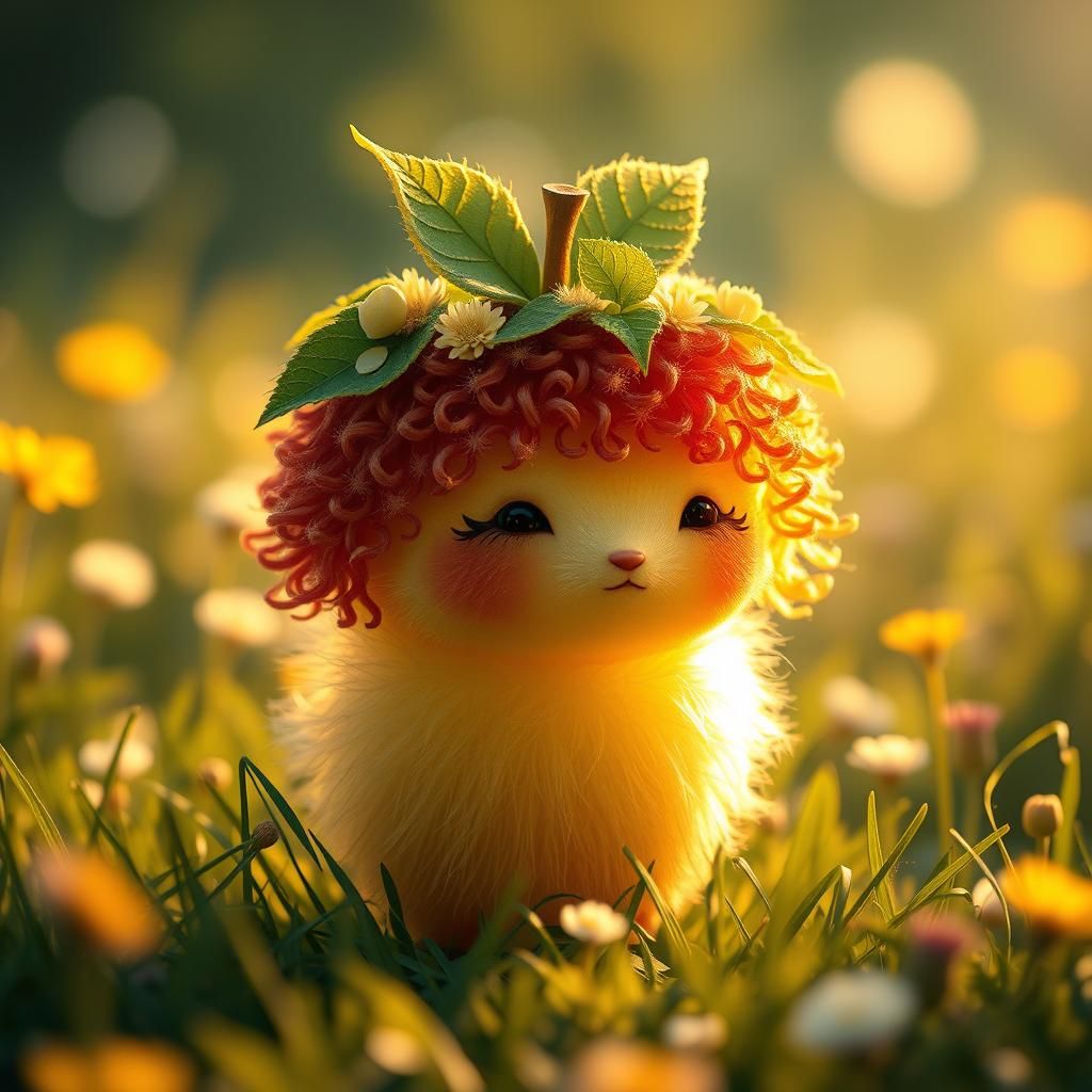 Anthropomorphic Apple-Dandelion Creature in 3D Anime Style