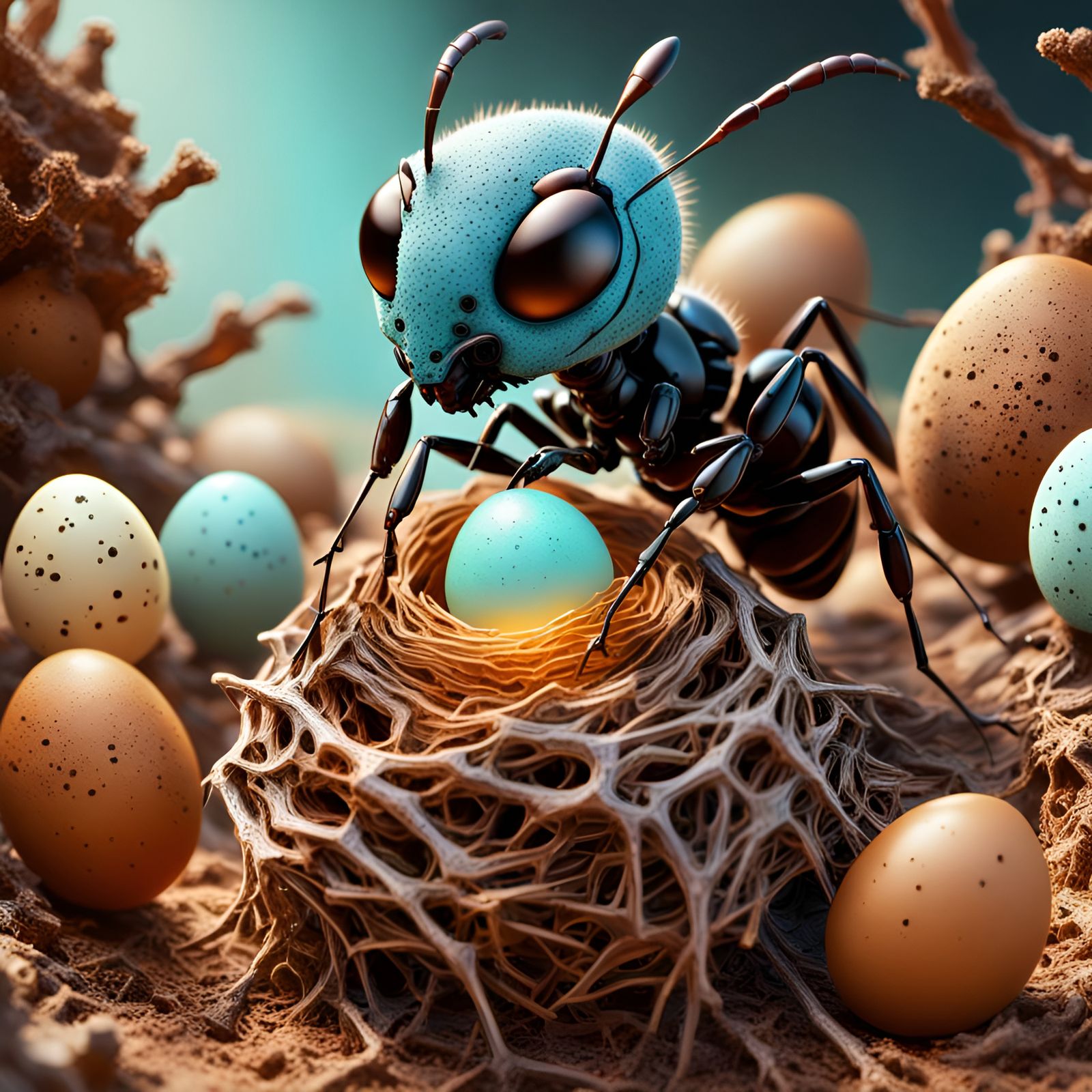 Hyperrealistic Ant Nest Interior with Baby Ant