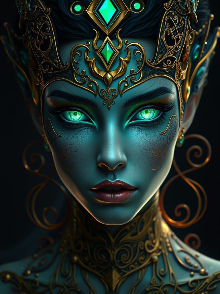 Mystical Being with Emerald-Green Eyes in Vibrant, Unreal En...