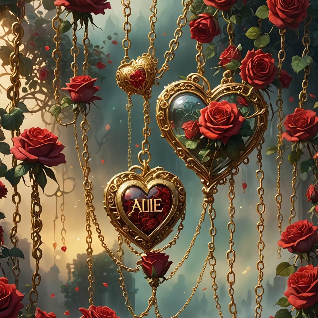 Golden Hearts on Ornate Chains in Fantasy Art