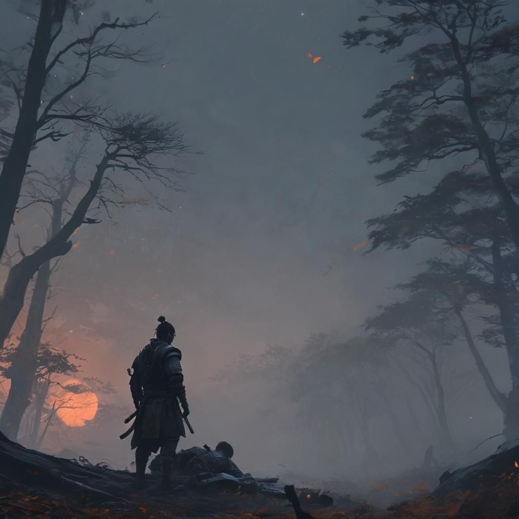 Samurai Warrior's Grief in Misty Forest, Concept Art